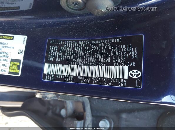 5YFB4MDE3SP266552 2025 TOYOTA LL Blue Engine compartment view