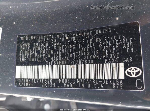 5YFB4MDE3SP287630 2025 TOYOTA COROLLA Gray Շարժիչի բաժամունքի տեսք
