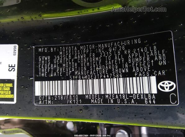 5YFB4MDE3TP447586 2026 TOYOTA LL Black Engine compartment view