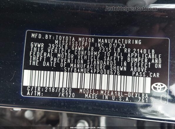 5YFB4MDE4PP008676 2023 TOYOTA COROLLA Черный Вид подкапотного пространства