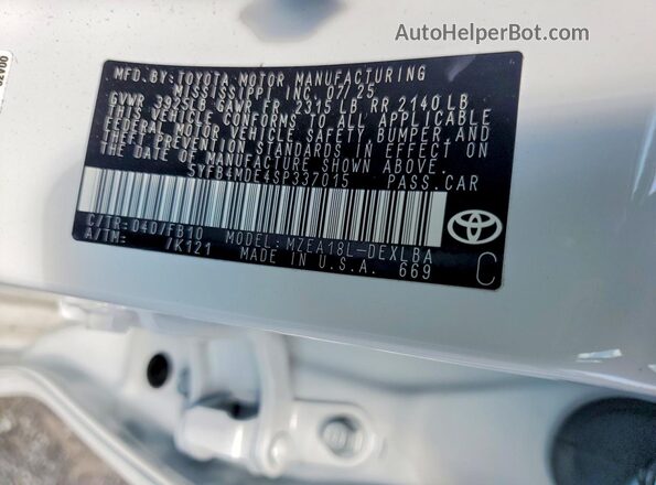 5YFB4MDE4SP337015 2025 TOYOTA COROLLA White 