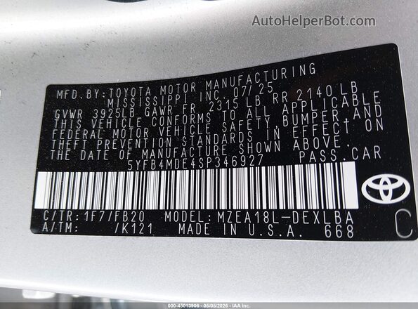 5YFB4MDE4SP346927 2025 TOYOTA LL Silver 