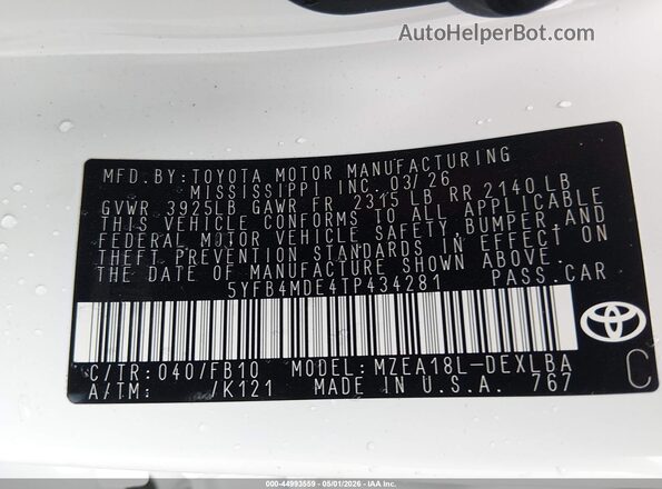 5YFB4MDE4TP434281 2026 TOYOTA LL White Engine compartment view