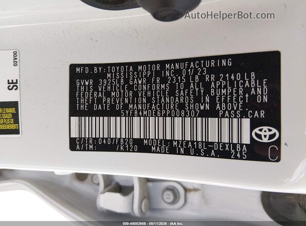 5YFB4MDE6PP008307 2023 TOYOTA LL White Շարժիչի բաժամունքի տեսք