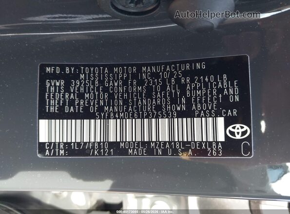 5YFB4MDE6TP375539 2026 TOYOTA COROLLA Gray Вид підкапотного простору