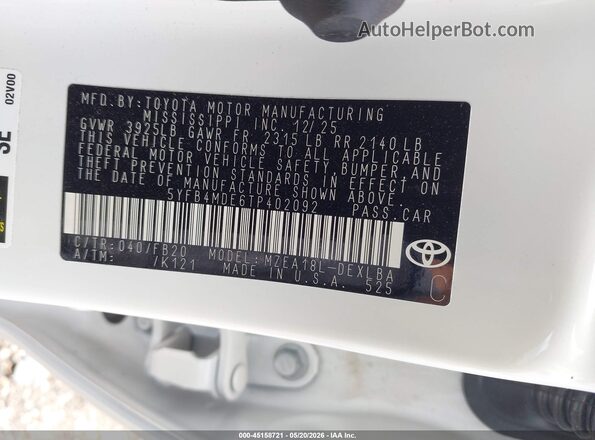 5YFB4MDE6TP402092 2026 TOYOTA COROLLA White Vista del compartimento del motor