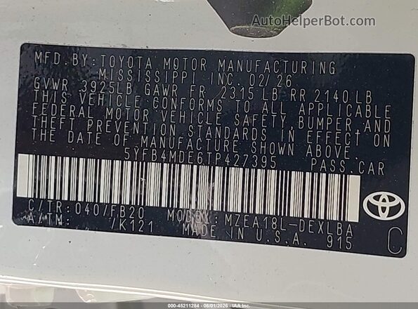 5YFB4MDE6TP427395 2026 TOYOTA COROLLA Белый Вид подкапотного пространства