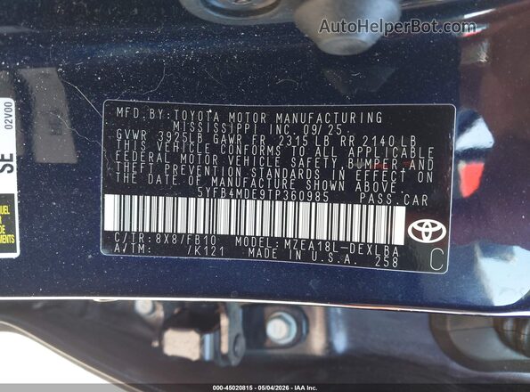 5YFB4MDE9TP360985 2026 TOYOTA LL Blue Widok komory silnika
