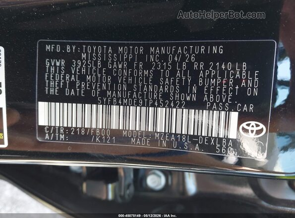 5YFB4MDE9TP452422 2026 TOYOTA LL Black Vista del compartimento del motor
