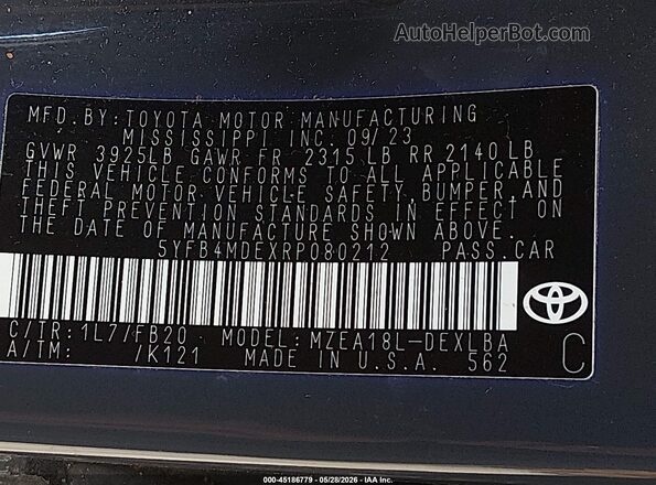 5YFB4MDEXRP080212 2024 TOYOTA COROLLA Gray Vista del compartimento del motor