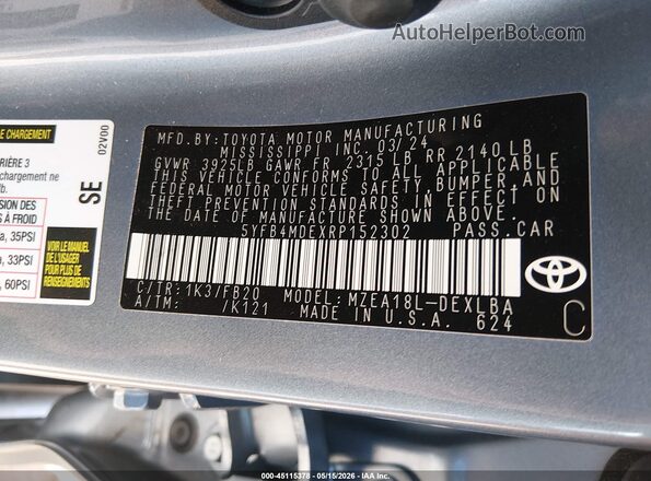 5YFB4MDEXRP152302 2024 TOYOTA COROLLA Синий Вид подкапотного пространства
