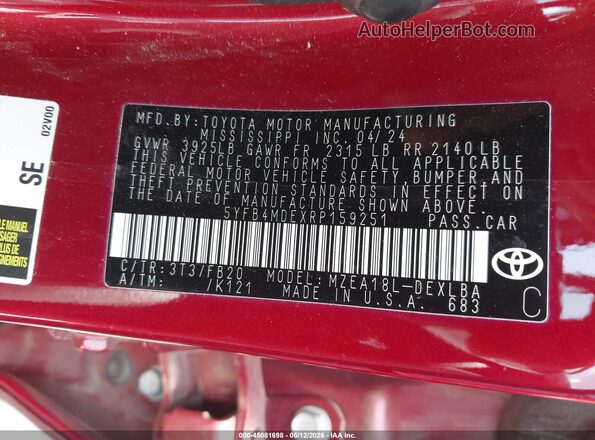 5YFB4MDEXRP159251 2024 TOYOTA LL Red Vista del compartimento del motor