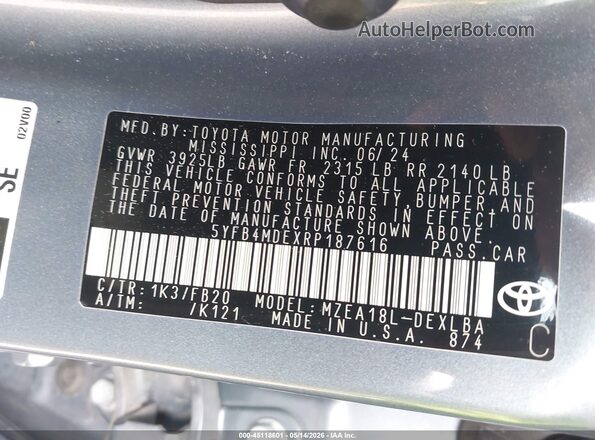 5YFB4MDEXRP187616 2024 TOYOTA COROLLA Light Blue ძრავის განყოფილების ხედი