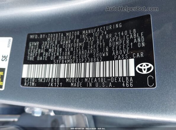 5YFB4MDEXSP238862 2025 TOYOTA LL Blue Engine compartment view
