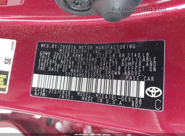 5YFB4MDEXSP293103 2025 TOYOTA LL Red Շարժիչի բաժամունքի տեսք