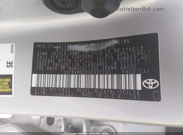 5YFB4MDEXSP327735 2025 TOYOTA LL Silver Widok komory silnika