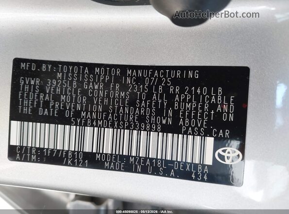 5YFB4MDEXSP339898 2025 TOYOTA LL Silver Вид підкапотного простору