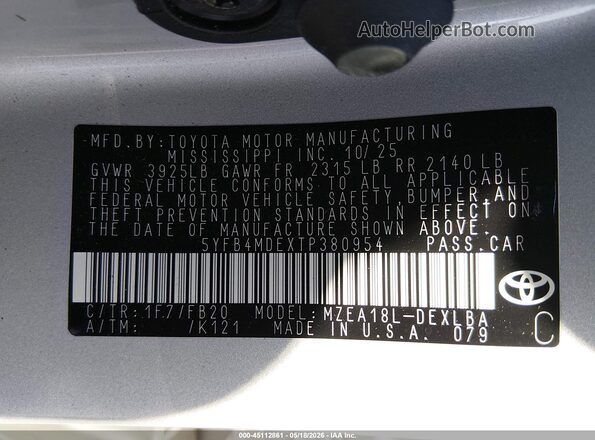 5YFB4MDEXTP380954 2026 TOYOTA COROLLA Silver Widok komory silnika