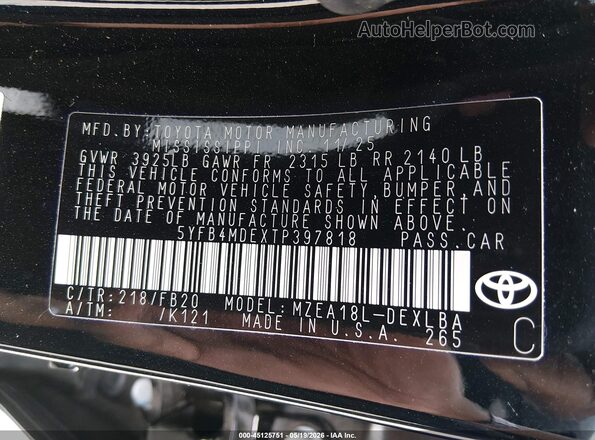 5YFB4MDEXTP397818 2026 TOYOTA COROLLA Black Շարժիչի բաժամունքի տեսք