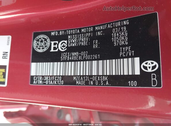 5YFB4RBE8LP002261 2020 TOYOTA COROLLA Красный 