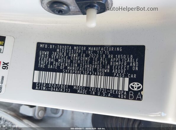5YFBPRHE1GP424960 2016 TOYOTA LL White 