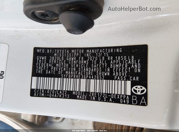 5YFBPRHE3GP442652 2016 TOYOTA LL White 