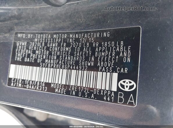 5YFBPRHE8GP444932 2016 TOYOTA COROLLA Gray 