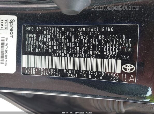 5YFBURHE1KP941192 2019 TOYOTA LL Black ძრავის განყოფილების ხედი