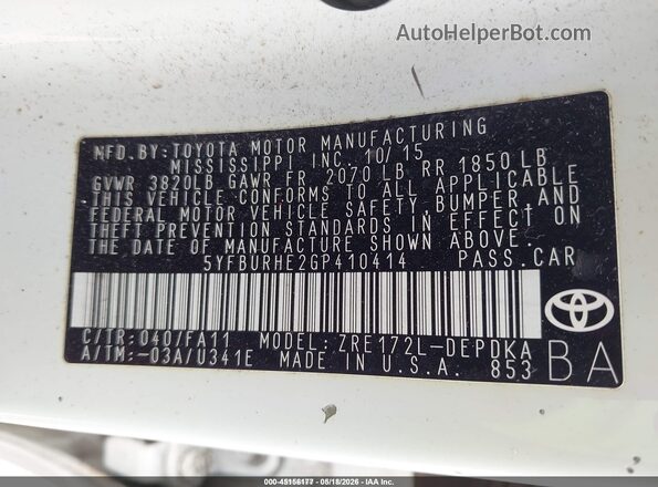 5YFBURHE2GP410414 2016 TOYOTA COROLLA White Vista del compartimento del motor