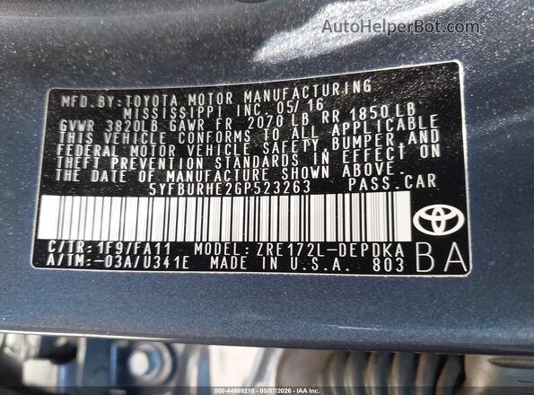 5YFBURHE2GP523263 2016 TOYOTA LL Gray Vista del compartimento del motor
