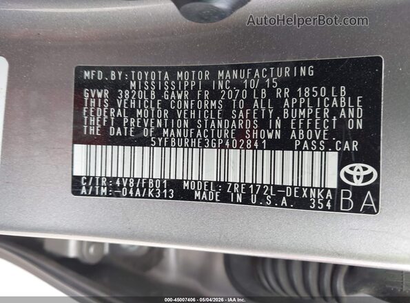 5YFBURHE3GP402841 2016 TOYOTA LL Серебряный Вид подкапотного пространства