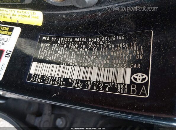 5YFBURHE4GP372443 2016 TOYOTA COROLLA Черный 