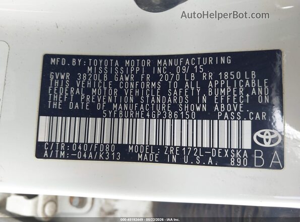 5YFBURHE4GP386150 2016 TOYOTA COROLLA White Շարժիչի բաժամունքի տեսք