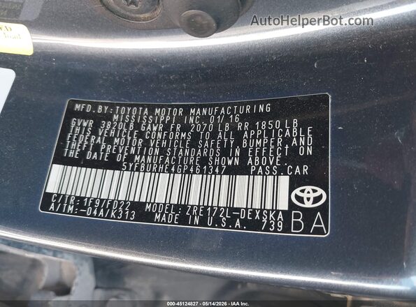5YFBURHE4GP461347 2016 TOYOTA COROLLA Серый Вид подкапотного пространства