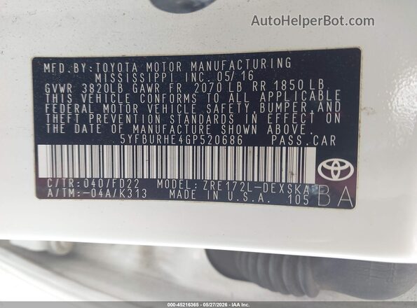 5YFBURHE4GP520686 2016 TOYOTA COROLLA White 