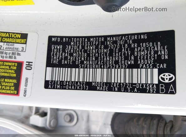 5YFBURHE4GP528397 2016 TOYOTA LL White 