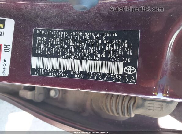 5YFBURHE4HP594899 2017 TOYOTA COROLLA Burgundy 