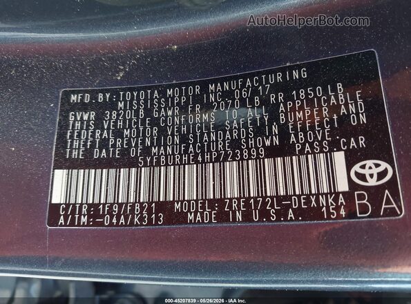 5YFBURHE4HP723899 2017 TOYOTA COROLLA Gray 