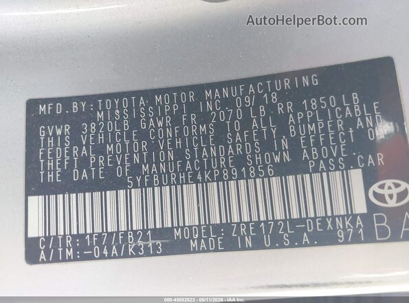 5YFBURHE4KP891856 2019 TOYOTA LL Silver Շարժիչի բաժամունքի տեսք