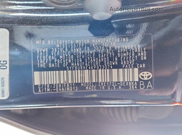 5YFBURHE4KP923074 2019 TOYOTA COROLLA Black 