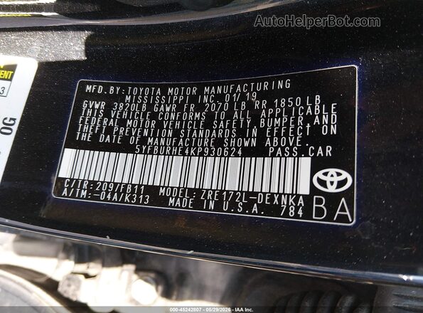 5YFBURHE4KP930624 2019 TOYOTA COROLLA Black 