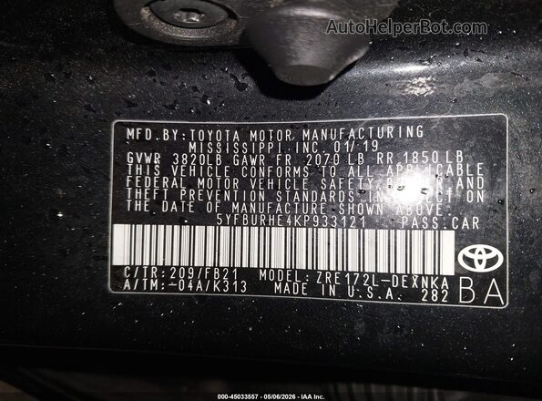 5YFBURHE4KP933121 2019 TOYOTA LL Black Engine compartment view