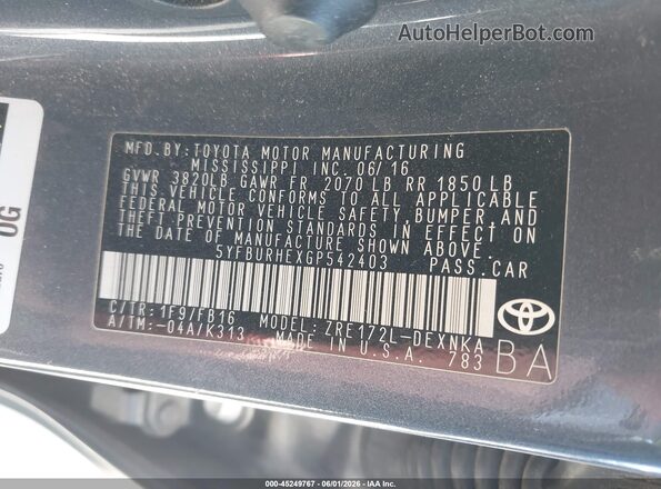 5YFBURHEXGP542403 2016 TOYOTA COROLLA Gray Вид підкапотного простору