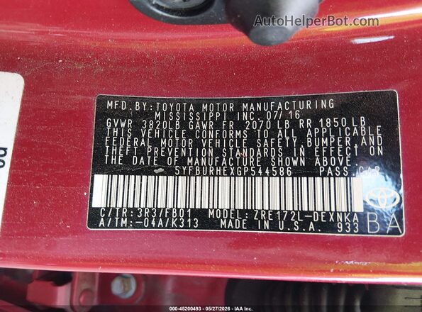 5YFBURHEXGP544586 2016 TOYOTA COROLLA Бордовый Вид подкапотного пространства