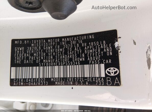 5YFBURHEXGP559346 2016 TOYOTA COROLLA White ძრავის განყოფილების ხედი