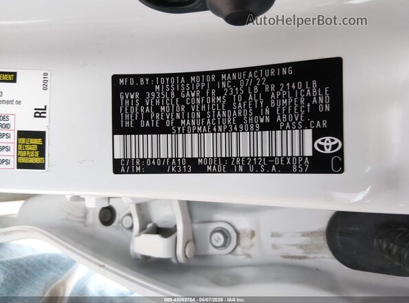 5YFDPMAE4NP349089 2022 TOYOTA LL White ძრავის განყოფილების ხედი