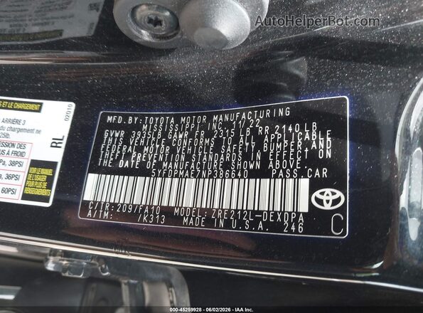 5YFDPMAE7NP386640 2022 TOYOTA COROLLA Черный Вид подкапотного пространства