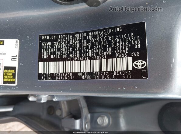 5YFDPRAE8LP130954 2020 TOYOTA LL Light Blue Vista del compartimento del motor
