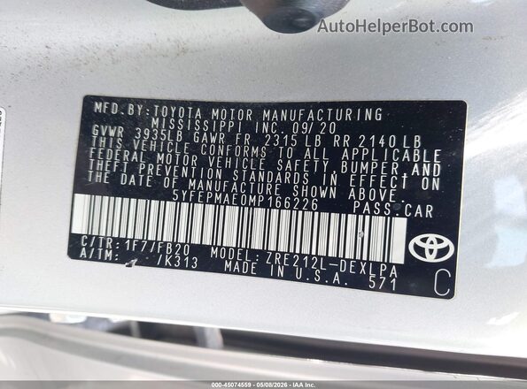 5YFEPMAE0MP166226 2021 TOYOTA LL Silver ძრავის განყოფილების ხედი