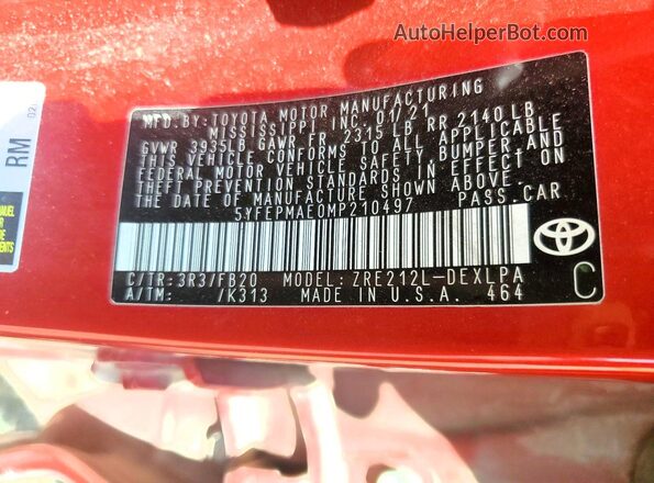 5YFEPMAE0MP210497 2021 TOYOTA COROLLA Red 